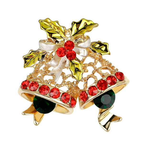 Christmas Festive Diamante  Bell with Holly & Bow Trim Brooch Pin Gift NEW 